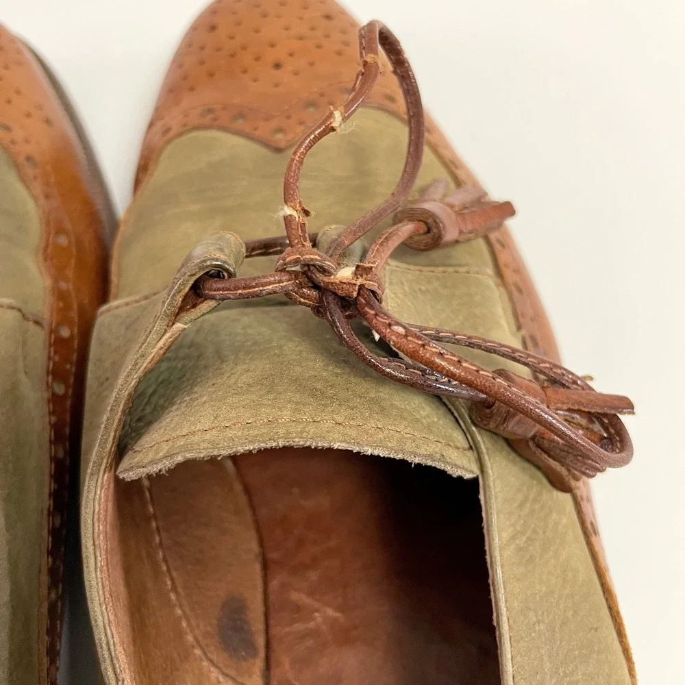 Beltrami Italian Leather Wingtip Oxfords Two Tone Green Brown Tassel Dress Shoes